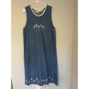 Vintage‎ Embroidered Pinwheels Denim Dress Sz M Pockets Cottagecore Teacher